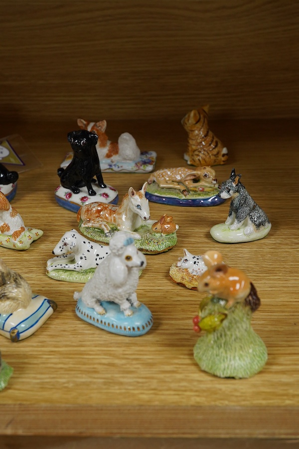 A collection of Basil Matthews figures of dogs, cats, a deer, a foal, pig etc, largest 9.5cm wide